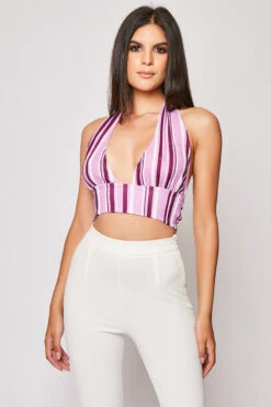 Alanya - Purple Stripe Halterneck Plunge Crop Top