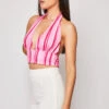 Alanya - Pink Stripe Halterneck Plunge Crop Top