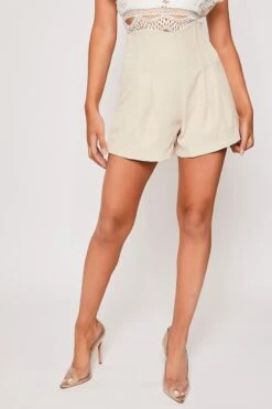 Monica - Nude Pleated Trim High Waisted Shorts