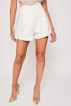 Monica - White Pleated Trim High Waisted Shorts