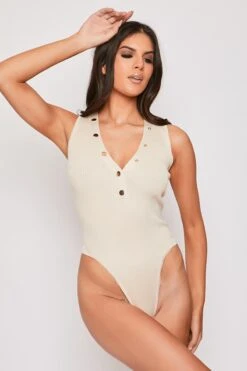 Carmen - Nude Premium Stretch Ribbed Gold Button Bodysuit