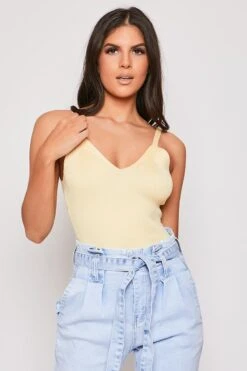 Jessicah - Yellow Ribbed V Neck Knitted Strappy Top