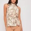 Yara - Nude High Neck Printed Belted Cami Top