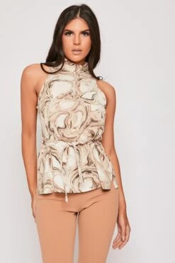 Yara - Nude High Neck Printed Belted Cami Top