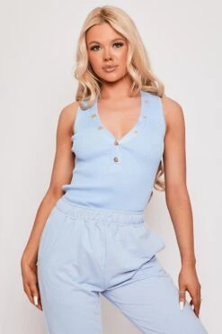 Carmen - Blue Premium Stretch Ribbed Gold Button Bodysuit