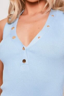 Carmen - Blue Premium Stretch Ribbed Gold Button Bodysuit -Outlet Sarto Base Store 11 04 missg 2596