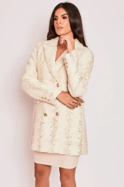 Alaana - Ivory & Gold Long Lined Double Breasted Tweed Blazer -Outlet Sarto Base Store 15 09 MISSG 45941