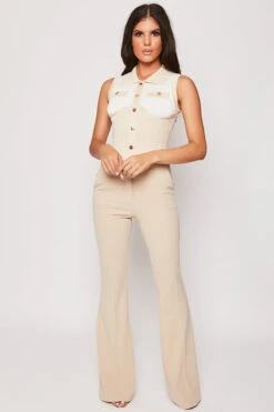 Jess - Nude Premium Ribbed Gold Button Trim Contrast Bodysuit