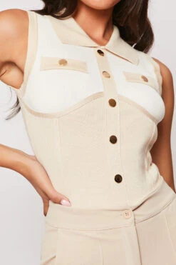 Jess - Nude Premium Ribbed Gold Button Trim Contrast Bodysuit -Outlet Sarto Base Store 18 08 MISSG 40765