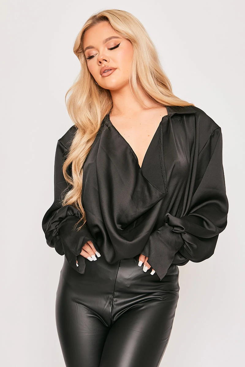 Paige - Black Satin Cowl Neck Blouse 2 Paige - Black Satin Cowl Neck Blouse - Image 2