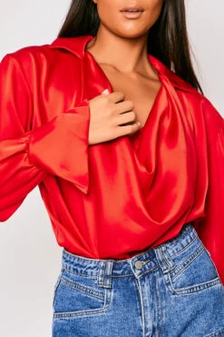 Paige - Red Satin Cowl Neck Blouse -Outlet Sarto Base Store 23 05 MISSG 73627
