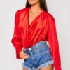 Paige - Red Satin Cowl Neck Blouse