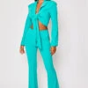 Blair - Turquoise Tailored Front Knotted Blazer & Bell Bottom Trouser Set