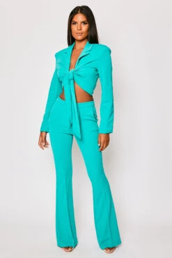 Blair - Turquoise Tailored Front Knotted Blazer & Bell Bottom Trouser Set
