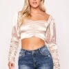 Alexia - Champagne Satin Ruched Long Sleeve Crop Top
