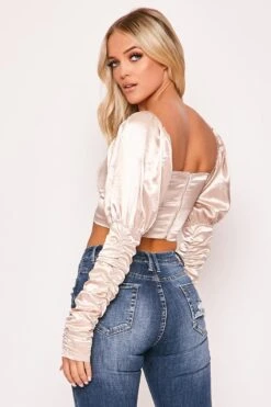 Alexia - Champagne Satin Ruched Long Sleeve Crop Top -Outlet Sarto Base Store 23 07 missg 4159