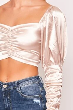 Alexia - Champagne Satin Ruched Long Sleeve Crop Top -Outlet Sarto Base Store 23 07 missg 4161