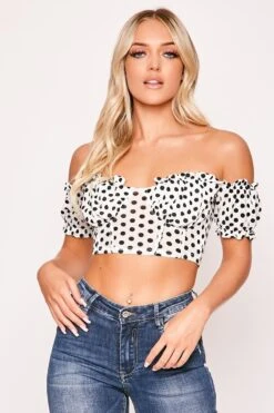 Louisia - White Polka Dot Mesh Milkmaid Crop Top