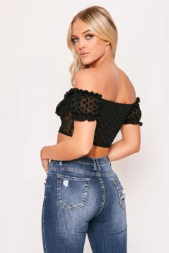 Louisia - Black Polka Dot Mesh Milkmaid Crop Top -Outlet Sarto Base Store 23 07 missg 4238