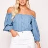 Sian - Denim Blue Off The Shoulder Button Up Top