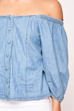 Sian - Denim Blue Off The Shoulder Button Up Top -Outlet Sarto Base Store 23 07 missg 5130