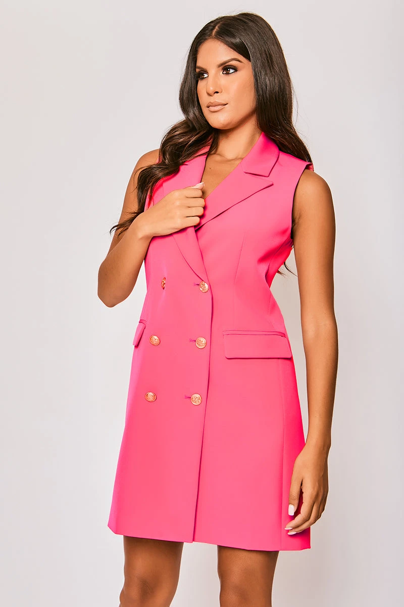 Odette - Hot Pink Sleeveless Gold Button Detailed Blazer Dress 4 Odette - Hot Pink Sleeveless Gold Button Detailed Blazer Dress - Image 4