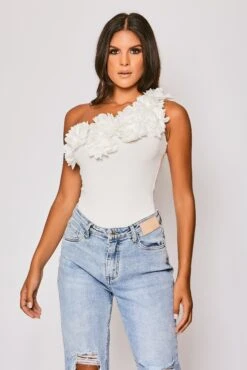 Bonnie - White One Shoulder Flower Trim Bodysuit -Outlet Sarto Base Store 27 06 MISSG 80464