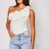 Bonnie - White One Shoulder Flower Trim Bodysuit