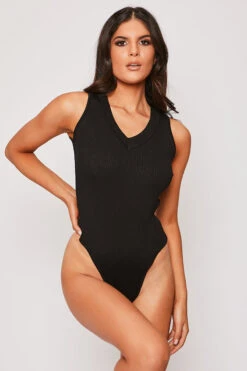 Lo - Premium Knitted V Neck Black Bodysuit