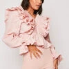 Talya - Pink Cropped V Neck Frilled Blouse