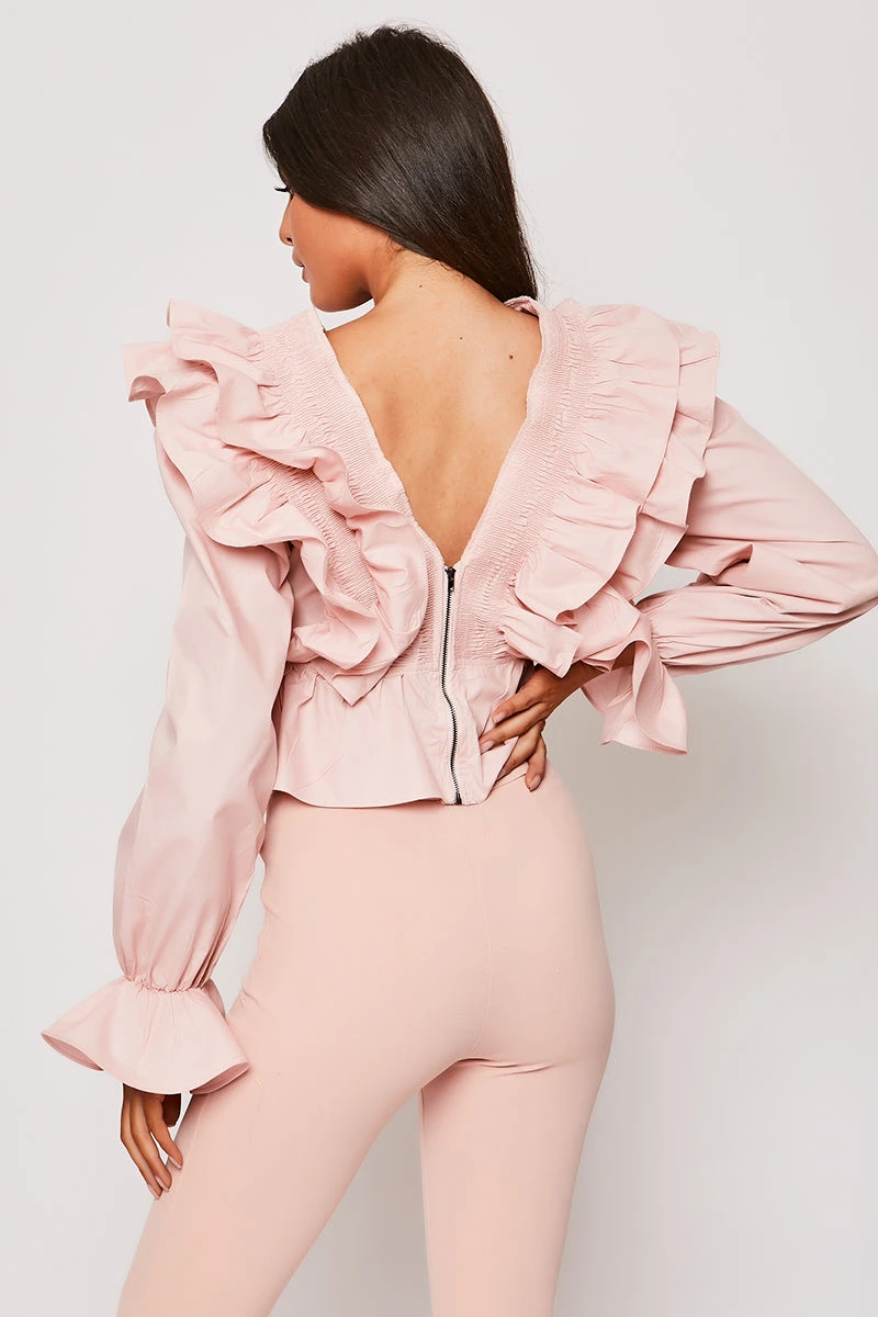 Talya - Pink Cropped V Neck Frilled Blouse 3 Talya - Pink Cropped V Neck Frilled Blouse - Image 3