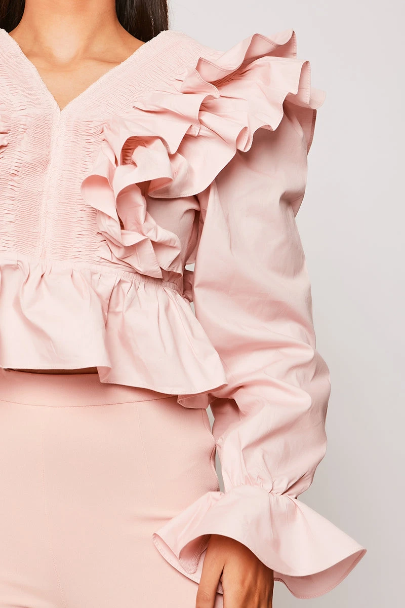 Talya - Pink Cropped V Neck Frilled Blouse 4 Talya - Pink Cropped V Neck Frilled Blouse - Image 4