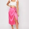Lainee - Pink Wrap Tie Side Satin Wrap Midi Skirt
