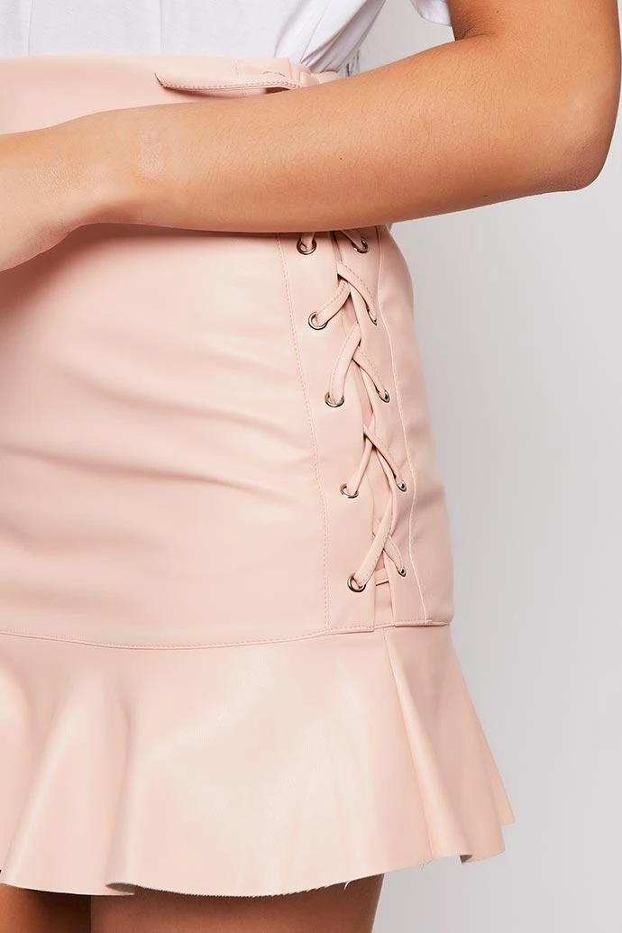 Grace - Pink Frill Hem Faux Leather Mini Skirt 2 Grace - Pink Frill Hem Faux Leather Mini Skirt - Image 2