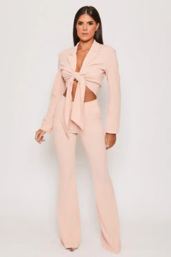 Blair - Baby Pink Tailored Front Knotted Blazer & Bell Bottom Trouser Set