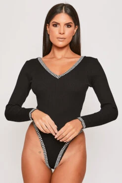 Brionie - Aztec Trim Black Fine Knit Long Sleeve Bodysuit