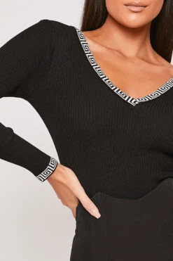 Brionie - Aztec Trim Black Fine Knit Long Sleeve Bodysuit -Outlet Sarto Base Store 31 01 MISSG 62358