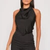 Imogen - Black Satin Cowl Neck Backless Halter Top
