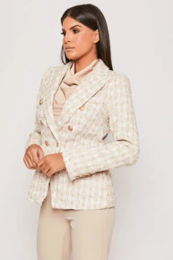 Clarisse - Nude & White Checked Knit Thread Gold Button Blazer -Outlet Sarto Base Store 31 01 MISSG 62695