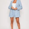 Emmalyn - Premium Blue Houndstooth Gold Button Blazer & Short Set