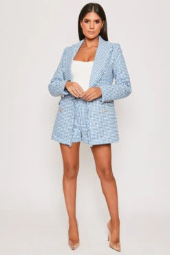 Outlet Sarto Base Store 34 Emmalyn - Premium Blue Houndstooth Gold Button Blazer & Short Set