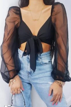 Lolia - Black Organza Tie Front Cropped Shirt