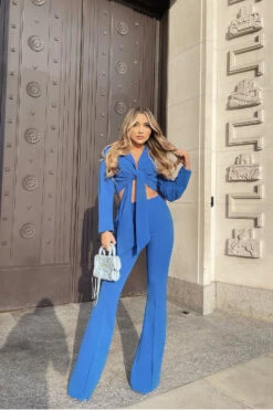 Blair - Royal Blue Tailored Front Knotted Blazer & Bell Bottom Trouser Set