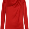 Cloey - Red Satin Pleated Blouse & Gold Button Detail