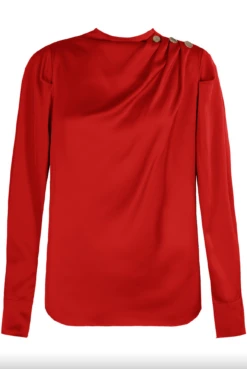 Cloey - Red Satin Pleated Blouse & Gold Button Detail