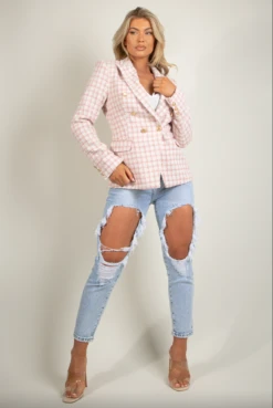 Willa - Premium Dogtooth Pink Tweed Tailored Blazer