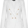 Clancy - Premium White Contrast Knit Thread Gold Button Blazer