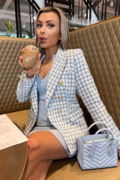 Willa - Premium Dogtooth Blue Tweed Tailored Blazer -Outlet Sarto Base Store Willablue1