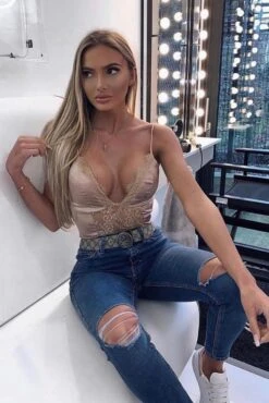 Laicee - Gold Satin & Lace Mesh Panel Bodysuit