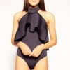 Elora - Navy Scuba Ruffle Trim Choker Neck Bodysuit